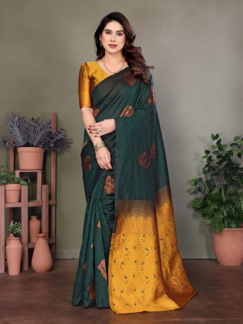 NEW ARRIVAL LITCHI SILK JACQUARD WORK SAREE WITH UNSTITCHED BLOUSE GREEN