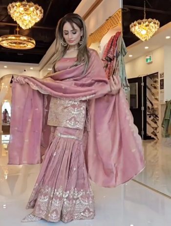 NEW ARRIVAL NEUTRAL SILK EMBROIDERY SEQUENCE BORDER WORK TOP SHARARA WITH DUPATTA