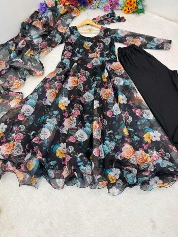 NEW ARRIVAL ORGANZA TABBY SILK DIGITAL PRINTED GOWN BOTTOM WITH DUPATTA BLACK