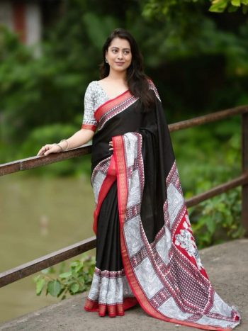 NEW ARRIVAL PASHMINA COTTON ZARI WEAVING BORDER WORK SAREE WITH UNSTITCHED BLOUSE BLACK