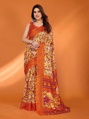 NEW ARRIVAL PRINTED KOTA SAREE WITH UNSTITCHED BLOUSE ORANGE