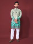 NEW ARRIVAL RAYON COTTON CROCHET WORK KURTA PAYJAMA  SEA GREEN
