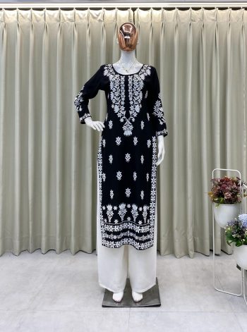 NEW ARRIVAL RAYON EMBROIDERY WORK KURTI PALAZZO SET  BLACK