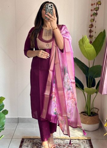 NEW ARRIVAL ROMAN SILK EMBROIDERY SEQUENCE AND DIAMOND WORK TOP BOTTOM WITH DUPATTA WINE