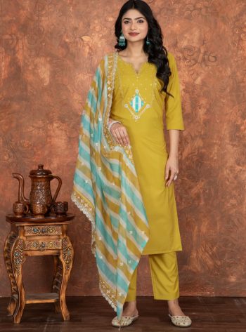 NEW ARRIVAL ROMAN SILK EMBROIDERY WORK TOP BOTTOM WITH DUPATTA YELLOW