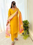 NEW ARRIVAL ROMAN SILK HANDWORK TOP BOTTOM WITH DUPATTA YELLOW