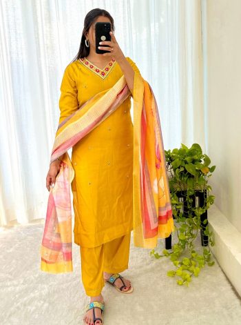 NEW ARRIVAL ROMAN SILK HANDWORK TOP BOTTOM WITH DUPATTA YELLOW
