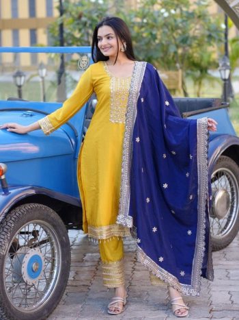 NEW ARRIVAL ROMAN SILK SEQUENCE EMBROIDERY WORK TOP BOTTOM WITH DUPATTA YELLOW