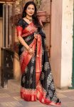 NEW ARRIVAL SOFT COTTON SILK BATIK PRINT WITH JACQUARD KANJIVARAM ZARI BORDER WORK SAREE WITH UNSTITCHED BLOUSE  BLACK