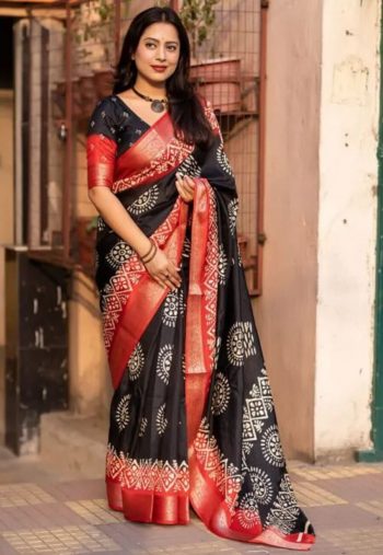 NEW ARRIVAL SOFT COTTON SILK BATIK PRINT WITH JACQUARD KANJIVARAM ZARI BORDER WORK SAREE WITH UNSTITCHED BLOUSE  BLACK