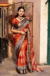 NEW ARRIVAL SOFT COTTON SILK BATIK PRINT WITH JACQUARD KANJIVARAM ZARI BORDER WORK SAREE WITH UNSTITCHED BLOUSE  ORANGE