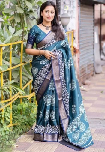 NEW ARRIVAL SOFT COTTON SILK BATIK PRINT WITH JACQUARD KANJIVARAM ZARI BORDER WORK SAREE WITH UNSTITCHED BLOUSE  RAMA