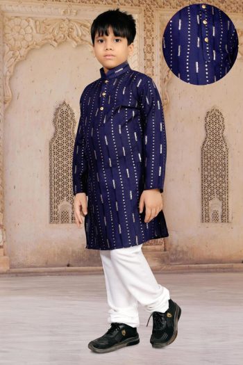 NEW ARRIVAL SOFT COTTON THREAD AND SEQUENCE WORK KID'S KURTA PAYJAMA  NAVY BLUE