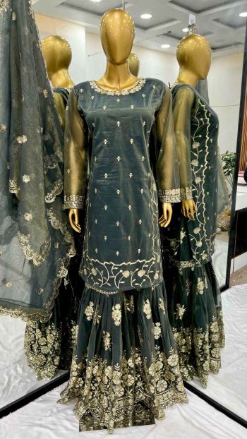 NEW ARRIVAL TWILL NET EMBROIDERY SEQUENCE WORK TOP SHARARA WITH DUPATTA GREY