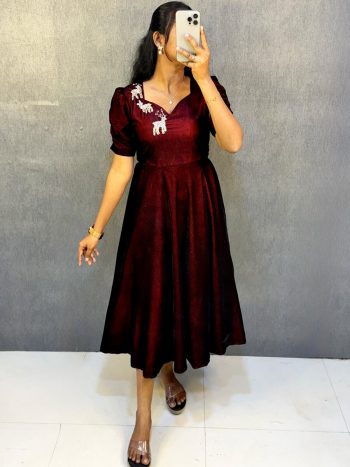 NEW ARRIVAL VELVET HAND WORK ANARKALI GOWN  MAROON