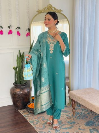 NEW ARRIVAL VISCOSE CHANDERI SEQUENCE EMBROIDERY WORK TOP BOTTOM WITH DUPATTA SKY