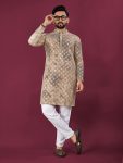 NEW ARRIVAL VISCOSE RAYON CHIKANKARI LUCKNOWI SCHIFFLI WORK MEN'S KURTA PAYJAMA  CHIKU
