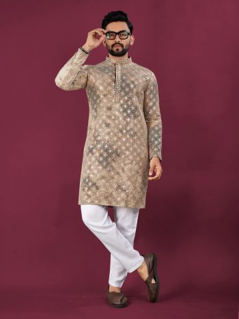 NEW ARRIVAL VISCOSE RAYON CHIKANKARI LUCKNOWI SCHIFFLI WORK MEN'S KURTA PAYJAMA  CHIKU