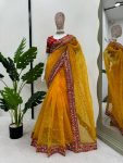 NEW ARROVAL ORGANZA SILK SEQUENCE WITH THREAD WORK SAREE WITH UNSTITCHED BLOUSE FESTIVE WEAR WHOLESALE PRICE ETHNIC GARMENT (5)