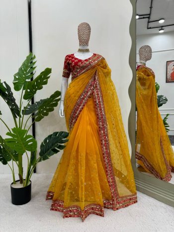 NEW ARROVAL ORGANZA SILK SEQUENCE WITH THREAD WORK SAREE WITH UNSTITCHED BLOUSE  YELLOW