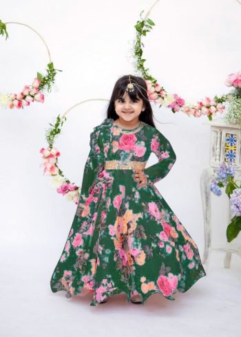 PARTY WEAR GEORGETTE DIGITAL PRINT WORK KID'S GOWN WITH DUPATTA GREEN