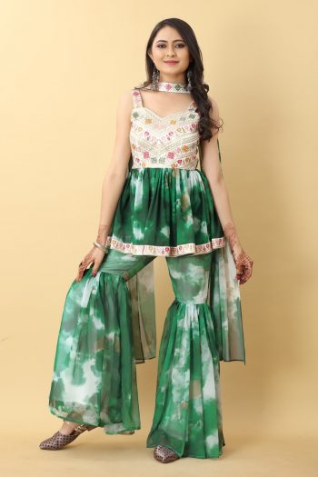 PARTY WEAR GEORGETTE EMBROIDERY SEQUENCE WORK TOP SHARARA  WITH DUPATTA GREEN