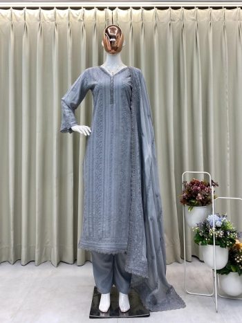 RICH LOOK CHINON COTTON THREAD EMBROIDERY WORK WITH GPO LACE WORK TOP BOTTOM WITH DUPATTA GREY
