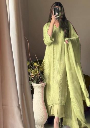 RICH LOOK CHINON COTTON THREAD EMBROIDERY WORK WITH GPO LACE WORK TOP BOTTOM WITH DUPATTA PISTA