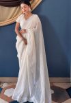 RICH LOOK CRUNCHY SILK ZARJHAN DIAMOND WORK SAREE WITH UNSTITCHED BLOUSE WHITE