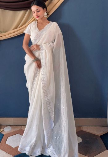 RICH LOOK CRUNCHY SILK ZARJHAN DIAMOND WORK SAREE WITH UNSTITCHED BLOUSE WHITE