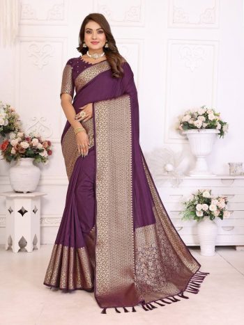 RICH LOOK DOLA SILK KANCHI BORDER AND CONTRAST ZARI WEAVING BORDER WORK SAREE WITH UNSTITCHED BLOUSE PURPLE