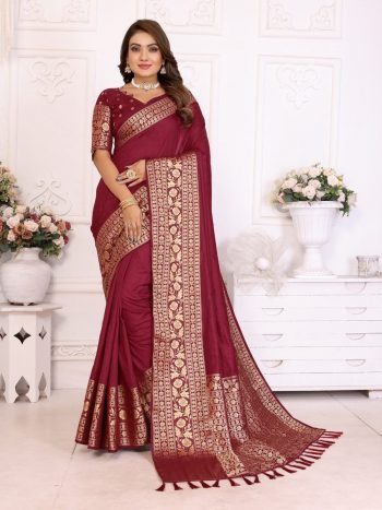 RICH LOOK DOLA SILK KANCHI BORDER AND CONTRAST ZARI WEAVING BORDER WORK SAREE WITH UNSTITCHED BLOUSE MAROON