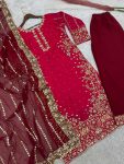 RICH LOOK FENDI SILK EMBROIDERY AND SEQUENCE WORK WITH RIVET MOTI WORK TOP PALAZZO WITH DUPATTA PARTY WEAR WHOLESALE PRICE ETHNIC GARMENT (10)