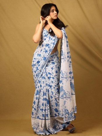 RICH LOOK GEORGETTE DIGITAL PRINT WITH LACE BORDER WORK SAREE WITH UNSTITCHED BLOUSE WHITE