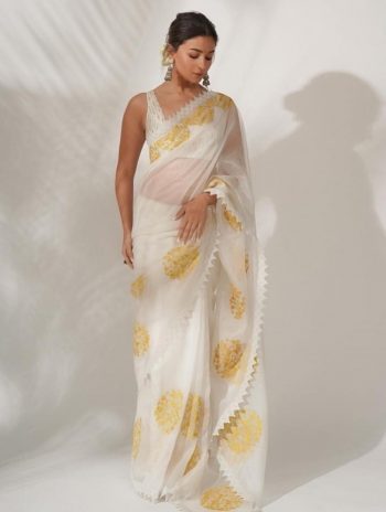 RICH LOOK GEORGETTE EMBROIDERY WORK WITH SEQUENCE WORK ON PALLU SAREE WITH UNSTITCHED BLOUSE  WHITE