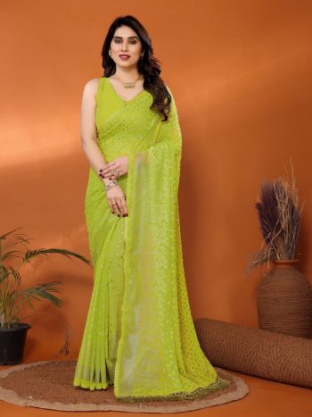 RICH LOOK GEORGETTE FOIL PRINTED SAREE WITH UNSTITCHED BLOUSE PARROT GREEN
