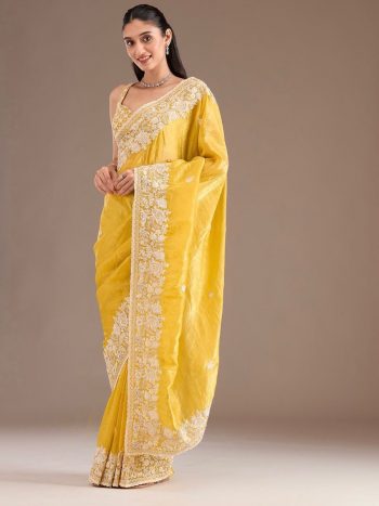 RICH LOOK GOLD CRUSH EMBROIDERY CODDING AND SEQUENCE WORK SAREE WITH UNSTITCHED BLOUSE YELLOW