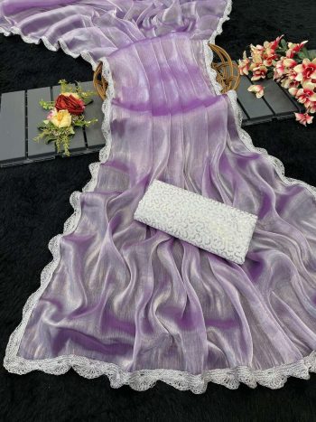 RICH LOOK JIMMY CHOO SILVER LACE BORDER WORK SAREE WITH UNSTITCHED BLOUSE LAVENDER