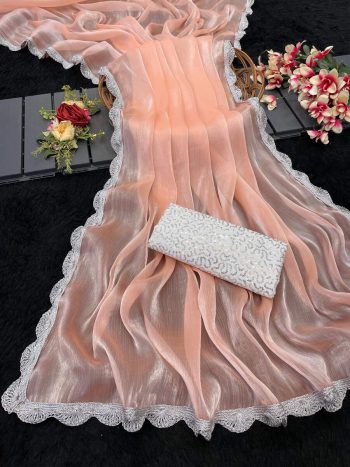 RICH LOOK JIMMY CHOO SILVER LACE BORDER WORK SAREE WITH UNSTITCHED BLOUSE PEACH