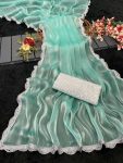 RICH LOOK JIMMY CHOO SILVER LACE BORDER WORK SAREE WITH UNSTITCHED BLOUSE SKY