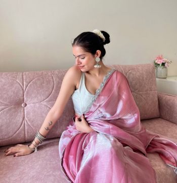 RICH LOOK JIMMY CHOO SILVER LACE BORDER WORK SAREE WITH UNSTITCHED BLOUSE PINK