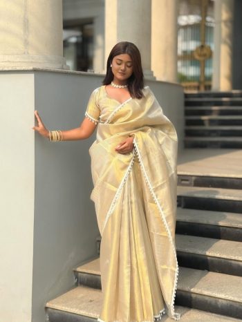 RICH LOOK TISSUE SILK BEAUTIFUL LACE WORK SAREE WITH UNSTITCHED BLOUSE CREAM