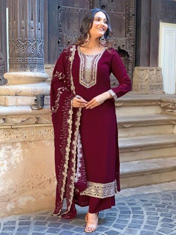 RICH LOOK VICHITRA SILK SEQUENCE CODING EMBROIDERY WORK TOP BOTTOM WITH DUPATTA MAROON
