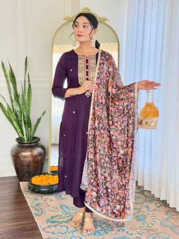 RICH LOOK VISCOSE RAYON SEQUENCE CODING EMBROIDERY WORK TOP BOTTOM WITH DUPATTA PURPLE