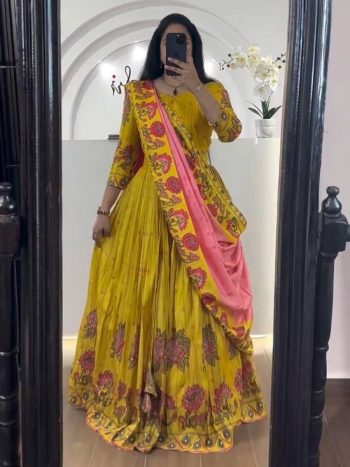 TRADITIONAL CREPE SILK KALAMKARI PRINTED LEHENGA CHOLI WITH DUPATTA YELLOW