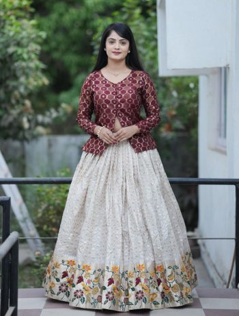 TRADITIONAL JACQUARD SILK PAITHANI WEAVING WORK STITCHED LEHENGA WITH TOP MAROON