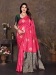 TRADITIONAL LICHI SILK JACQUARD WORK SAREE WITH UNSTITCHED BLOUSE PINK