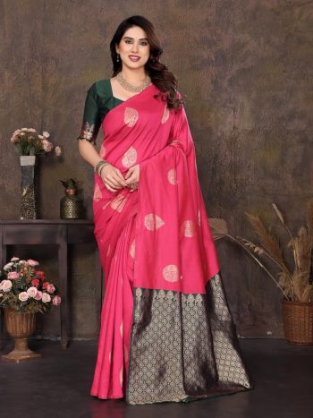 TRADITIONAL LICHI SILK JACQUARD WORK SAREE WITH UNSTITCHED BLOUSE PINK