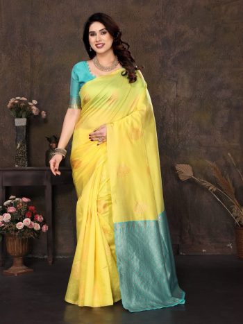 TRADITIONAL LICHI SILK JACQUARD WORK SAREE WITH UNSTITCHED BLOUSE YELLOW
