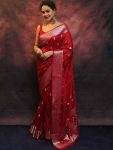 TRADITIONAL LICHI SILK SILVER ZARI WEAVING WORK SAREE WITH UNSTITCHED BLOUSE RED